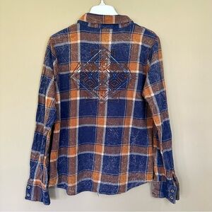 BKE Embroidered Western Flannel Button Shirt Women L Fitted Blue Orange Acid Was